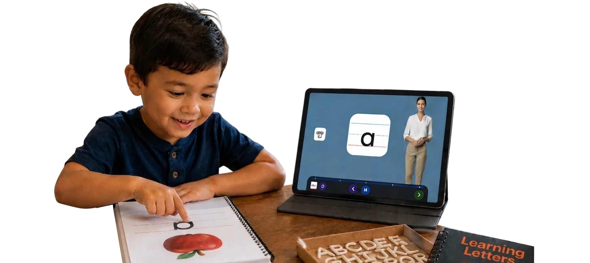 A child tracing a letter in a workbook beside a tablet lesson and alphabet clay letters