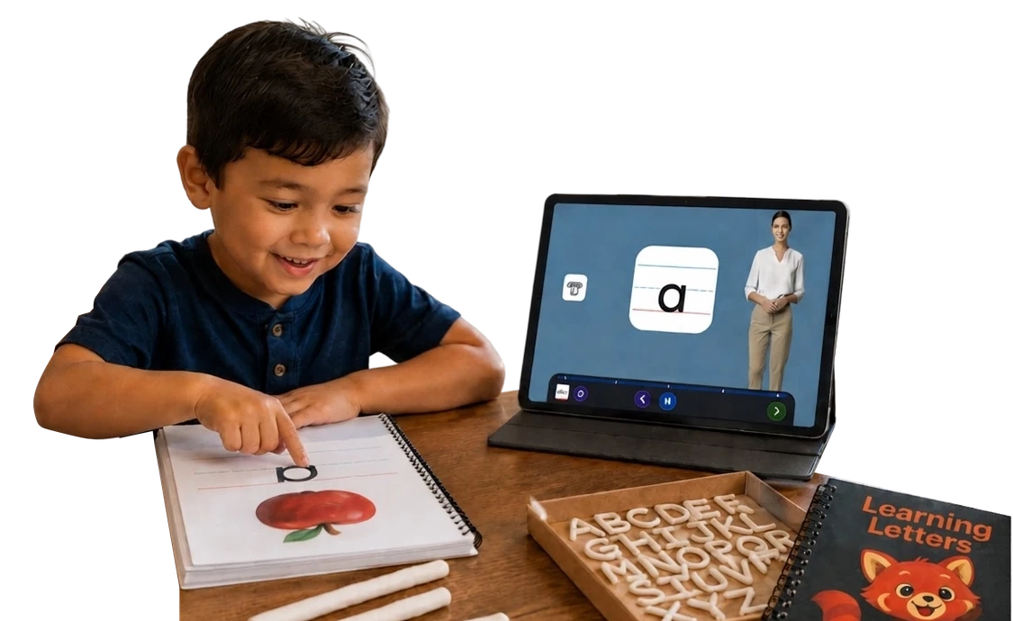 A child tracing a letter in a workbook beside a tablet lesson and alphabet clay letters