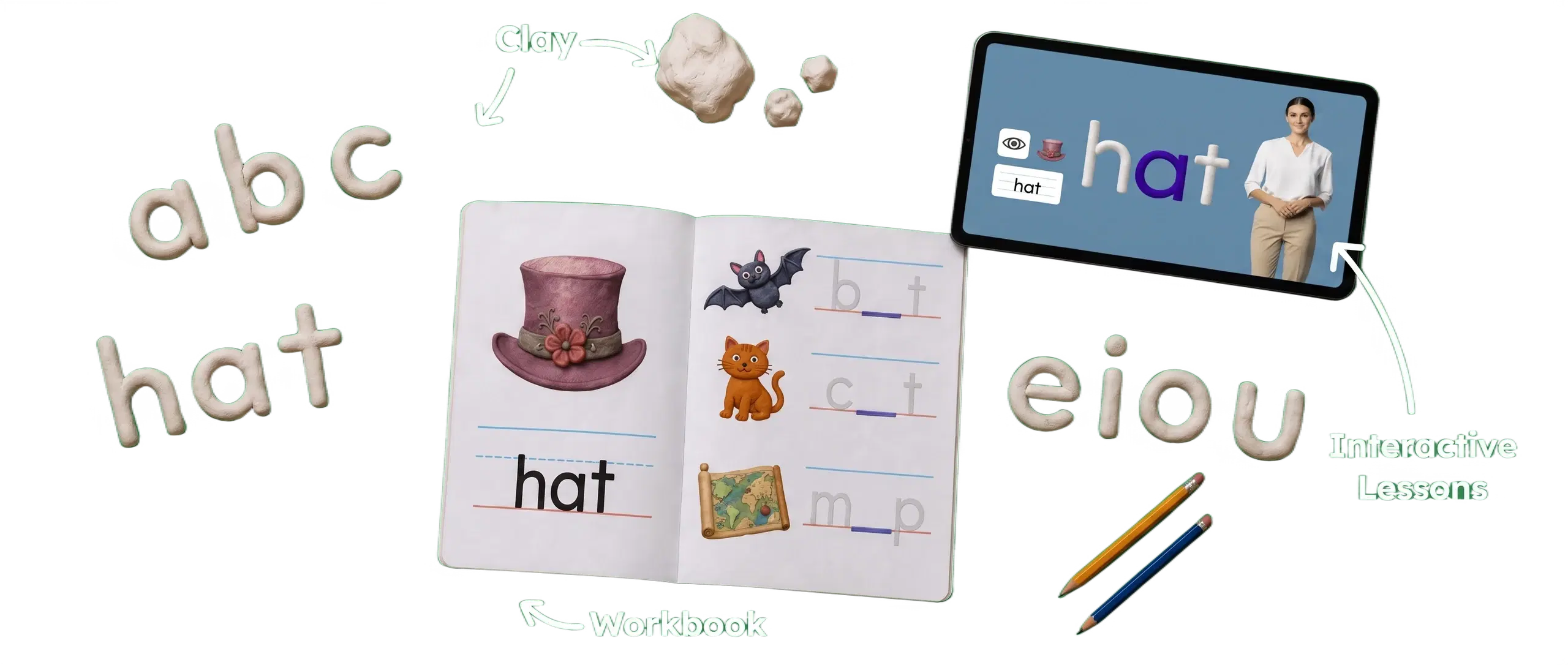 Clay letters spelling 'abc' and 'hat', a workbook with letter-tracing activities, and a tablet showing an interactive lesson on the word 'hat'