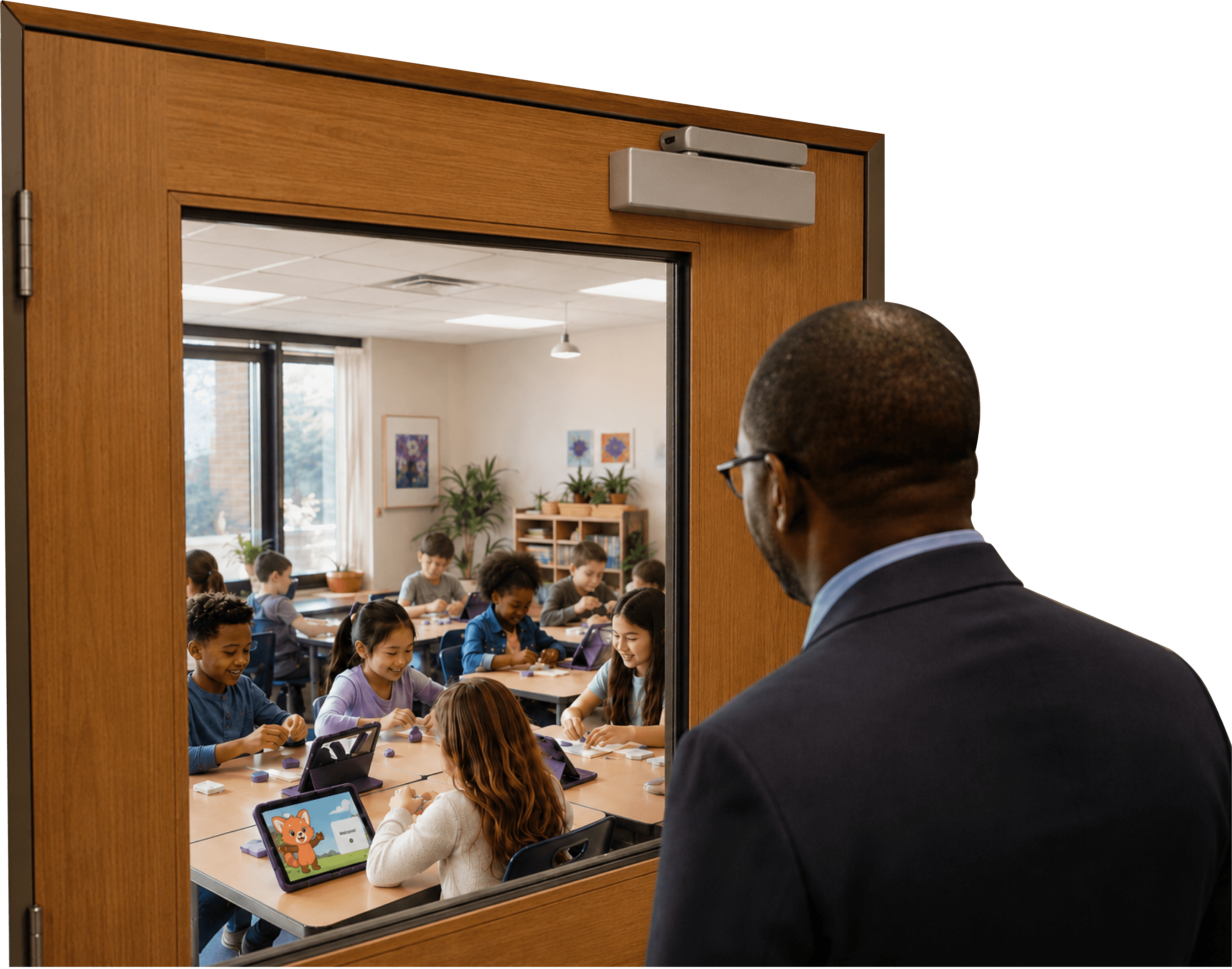 A school administrator watching students use BrainScience Works in a classroom through a door window
