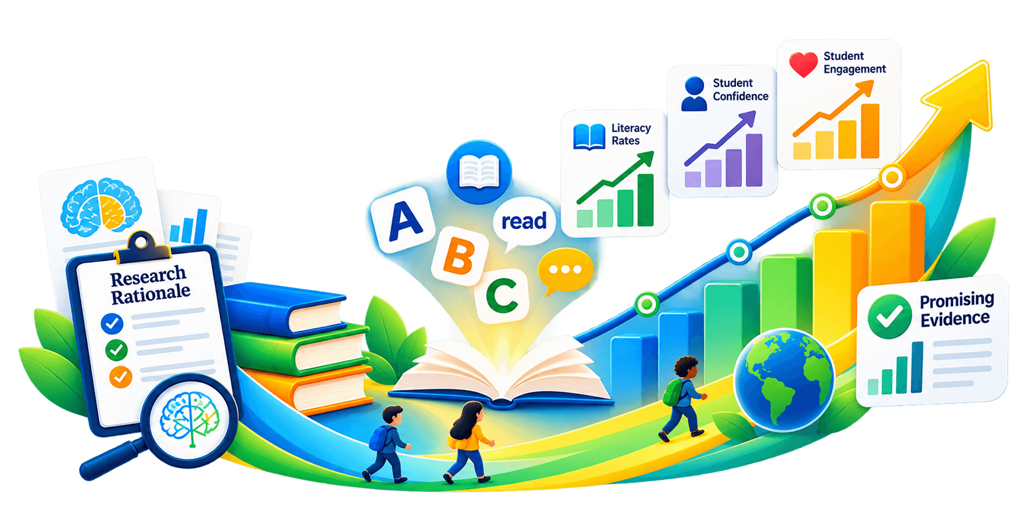An illustration of an open book surrounded by letter tiles, growth charts, and icons for literacy rates, student confidence, student engagement, and promising evidence