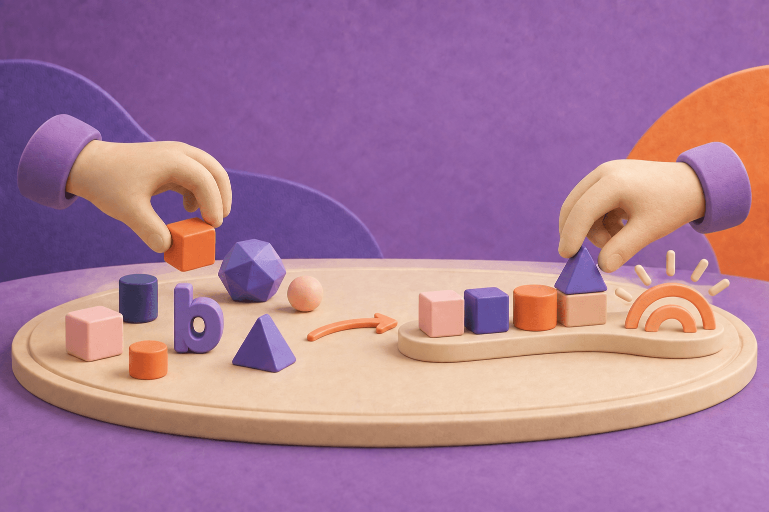 Two hands playing with small colored blocks