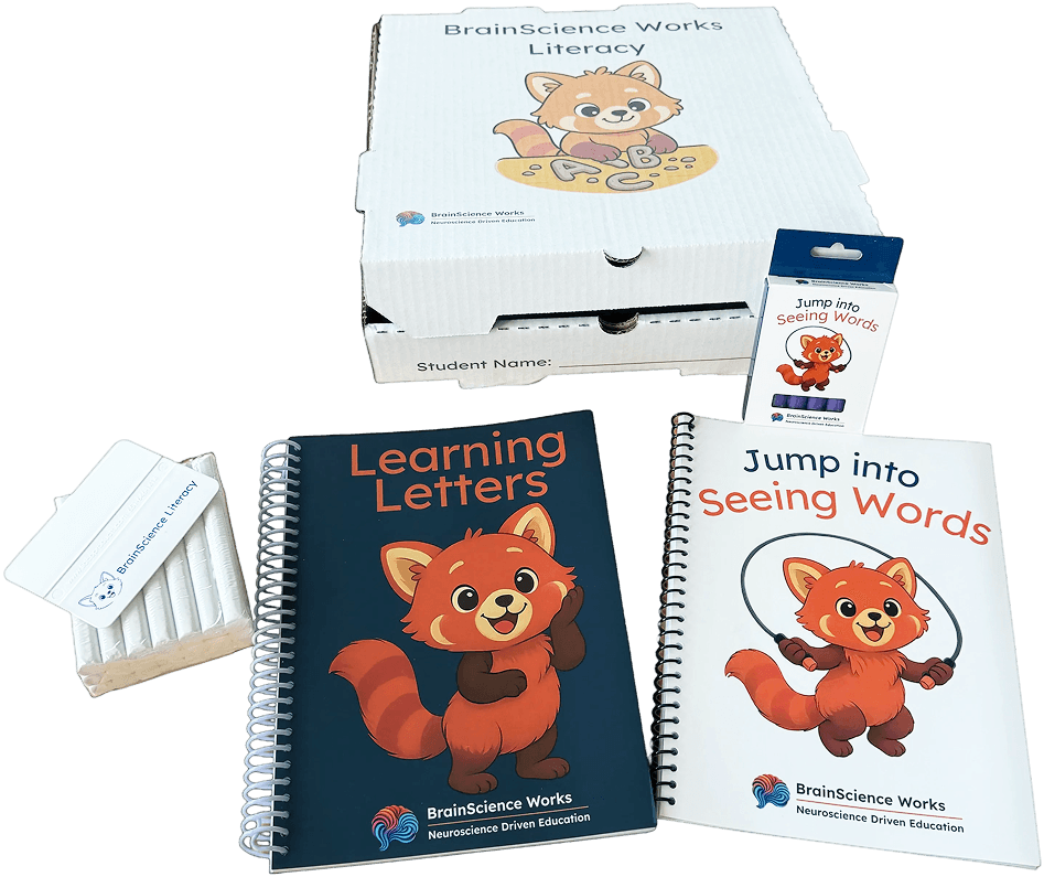 The BrainScience Works Literacy kit: a materials box, clay letter strips, and the Learning Letters and Seeing Words workbooks