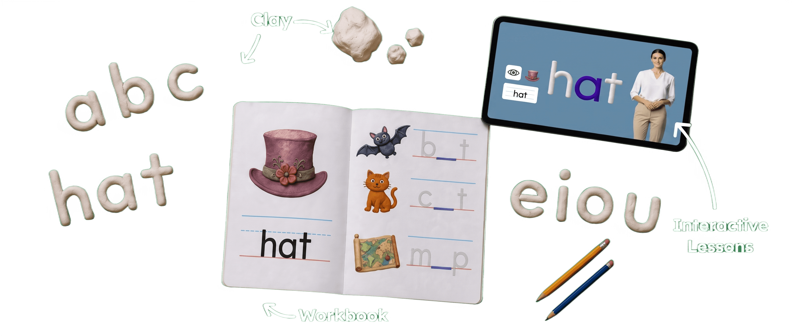 Clay letters spelling 'abc' and 'hat', a workbook with letter-tracing activities, and a tablet showing an interactive lesson on the word 'hat'