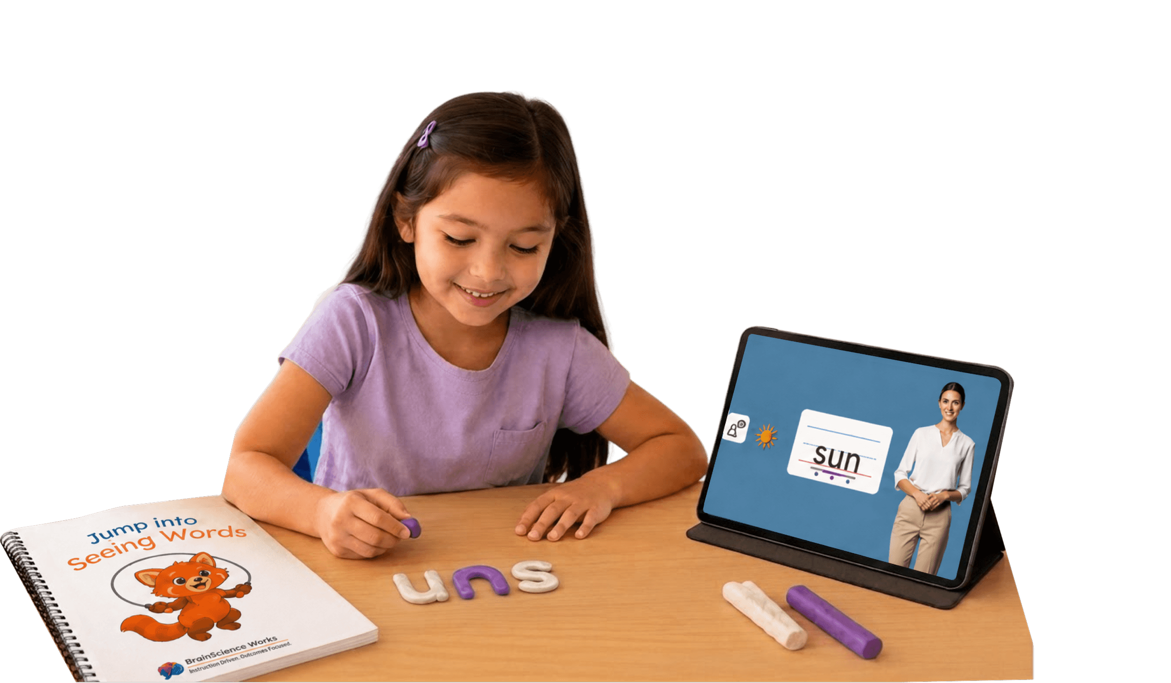 A child building a word with clay letters beside a tablet lesson