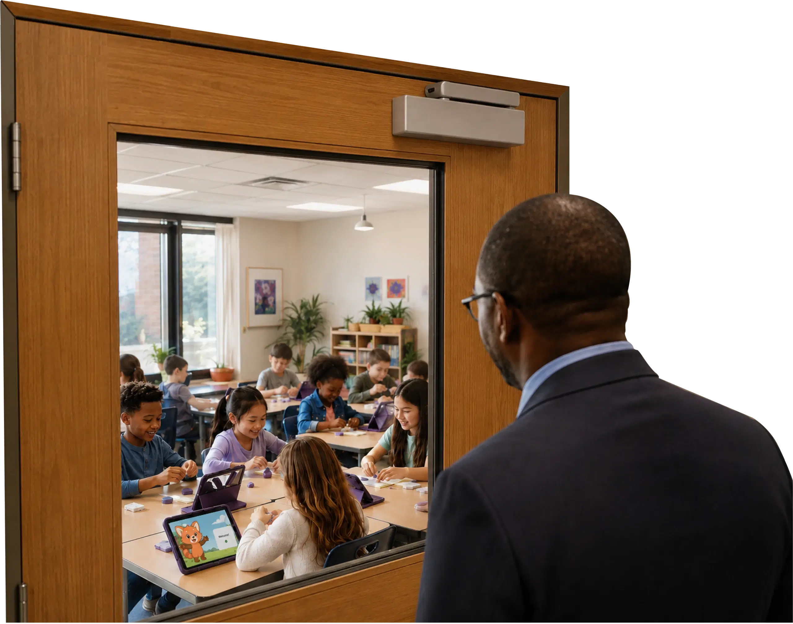 A school administrator watching students use BrainScience Works in a classroom through a door window