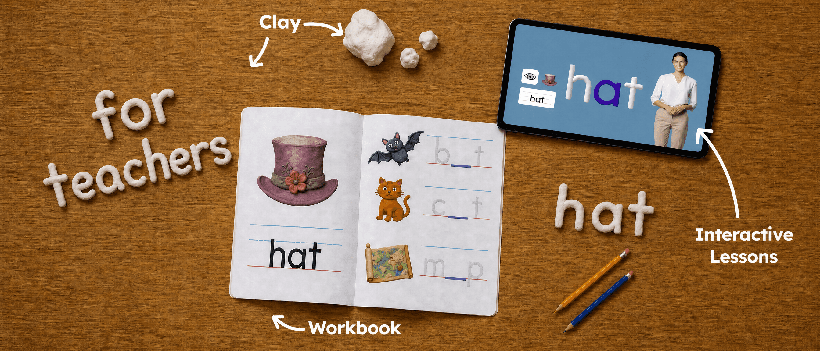A workbook, clay letters, and a tablet running an interactive lesson on a wood desk, with clay lettering reading 'for teachers'