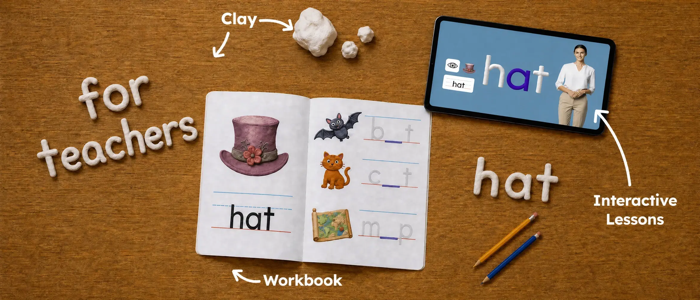 A workbook, clay letters, and a tablet running an interactive lesson on a wood desk, with clay lettering reading 'for teachers'